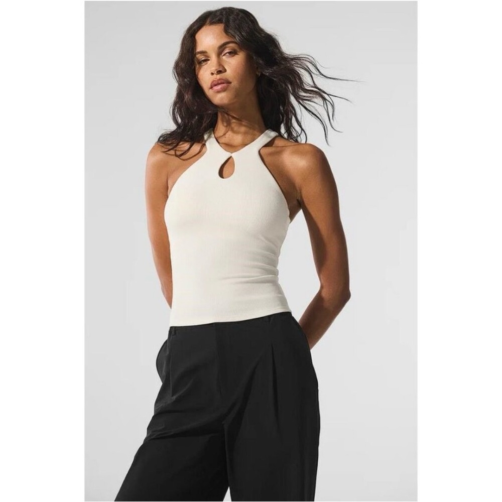 ALO Yoga white cream ribbed mesmerize key hole bra tank top